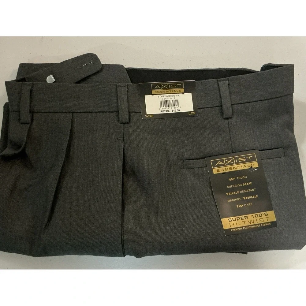 Axist Essentials, Super 100's Hi-Twist Pleated Cuffed Gray Dress Pants 38/29 NWT